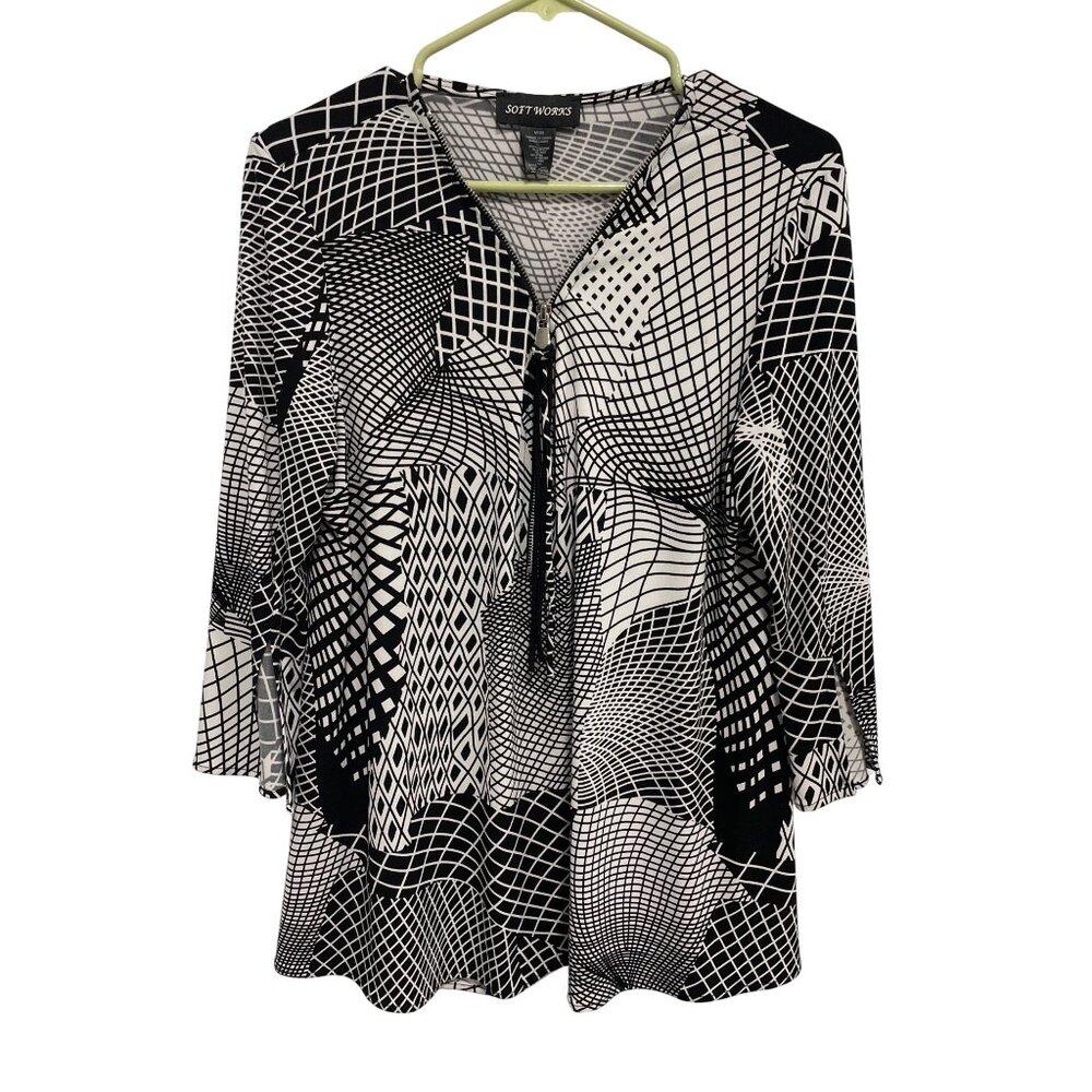 Soft Works Tunic Top Size Medium 3/4 Sleeve Zip Front Black White Poly Geometric